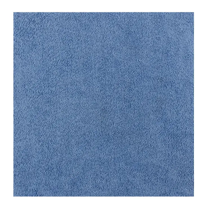 A close-up of the Everplush blue microfiber cleaning rag highlights its soft, scratch-free texture. The cloth shows a consistent color and covers the whole frame. This 50-pack rag is machine washable for convenience, coming in a dispenser box for easy use.