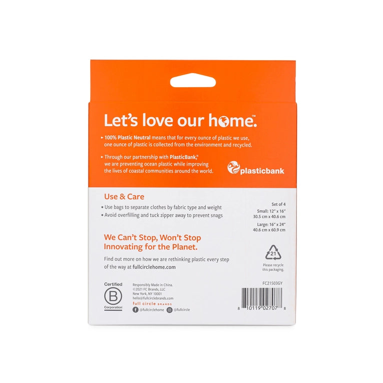 The image depicts the back of the Full Circle Home packaging with orange and white text. It includes Lets love our home, highlights plastic neutrality, eco-friendly initiatives with recycled plastic, and provides wash bag usage instructions and recycling info for the 4-Piece Recycled Wash Bags.