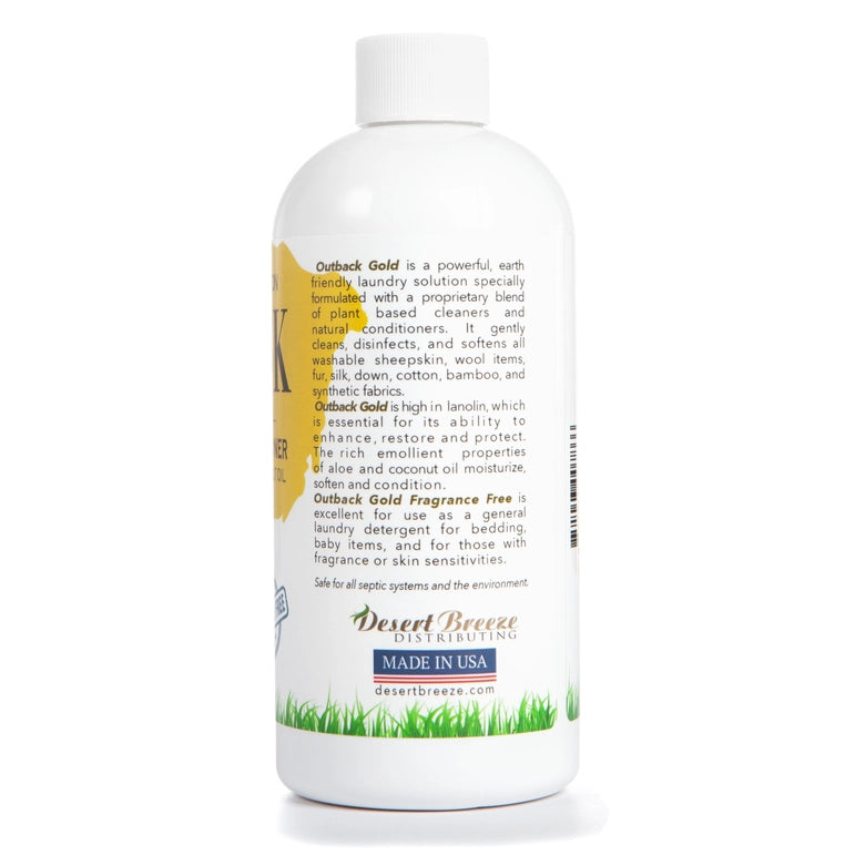 Outback Gold Wool Wash and Conditioner by Desert Breeze Distributing is fragrance-free, safe for septic systems, ideal for bedding, baby items, protein fibers, and gentle on sensitive skin.