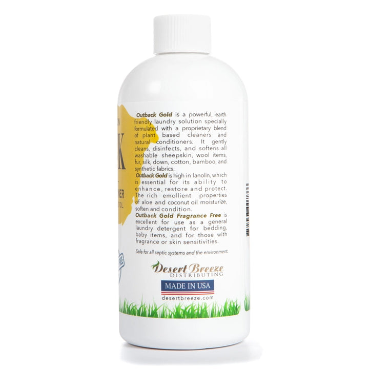 Outback Gold Wool Wash and Conditioner by Desert Breeze Distributing is fragrance-free, safe for septic systems, ideal for bedding, baby items, protein fibers, and gentle on sensitive skin.