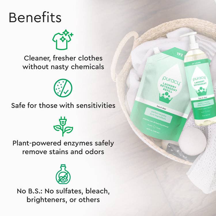 Image showcasing Puracys Natural 10x Laundry Detergent, free of 1,4 dioxane. Ideal for sensitive skin, it uses plant enzymes to combat stains and odors without sulfates, bleach, or brighteners. Products elegantly arranged in a basket on a wooden floor.