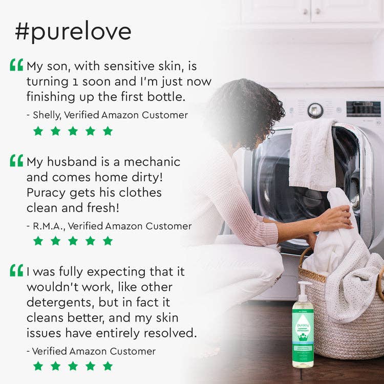 A person crouches by the washing machine, adding clothes. Nearby, glowing reviews commend Puracys Natural 10x Laundry Detergent for its sensitivity-friendly formula and stain-fighting power. In the foreground stands a 16 oz bottle of this 1,4 Dioxane-free product.