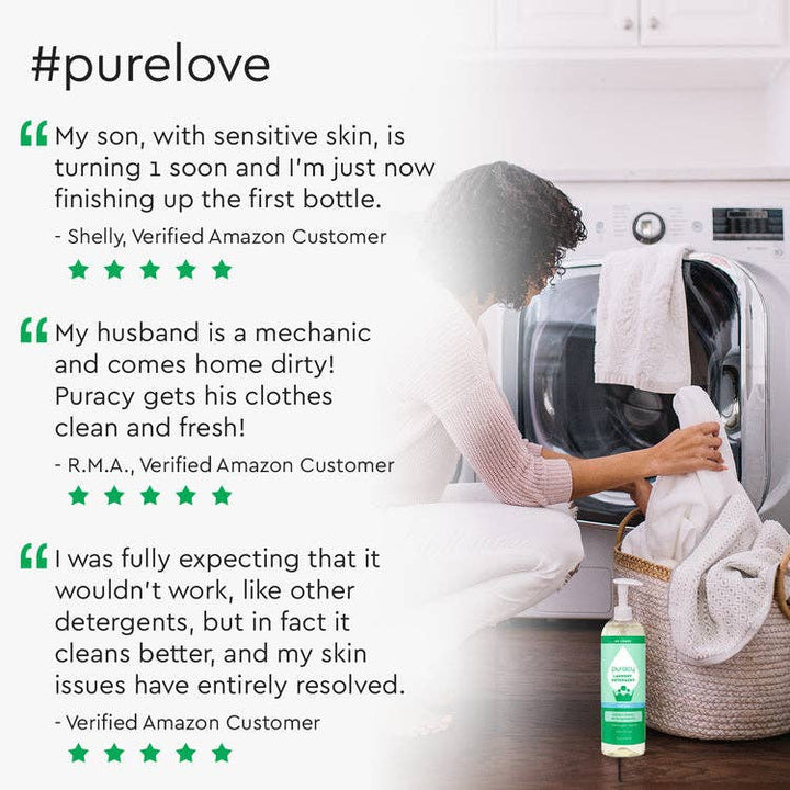 A person crouches by the washing machine, adding clothes. Nearby, glowing reviews commend Puracys Natural 10x Laundry Detergent for its sensitivity-friendly formula and stain-fighting power. In the foreground stands a 16 oz bottle of this 1,4 Dioxane-free product.