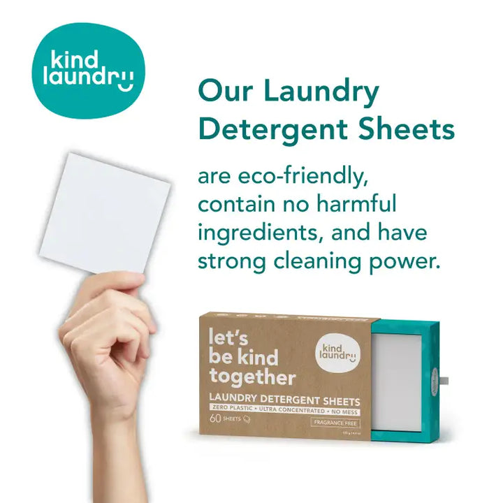 A hand holds a Zero Waste Laundry Detergent Sheet beside the Kind Laundry box. The text highlights the eco-friendly, sustainable formula with non-toxic ingredients and strong cleaning power. Fragrance-free and infused with tea seed oil, each box contains 60 potent sheets.