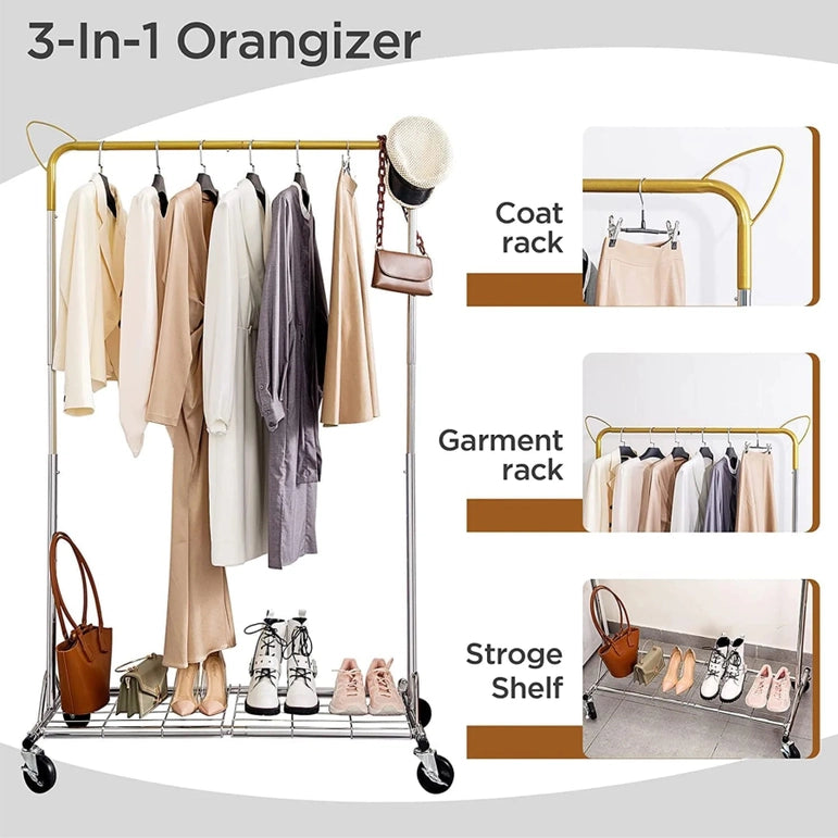 An image depicting the Above Edge Hanging Garment Rack with Shelf shows a 3-in-1 organizer on wheels, featuring a clothing rack for garments, a garment rack for pants and shirts, and a shelf for bags and shoes. The design is modern and functional for organizing spaces.