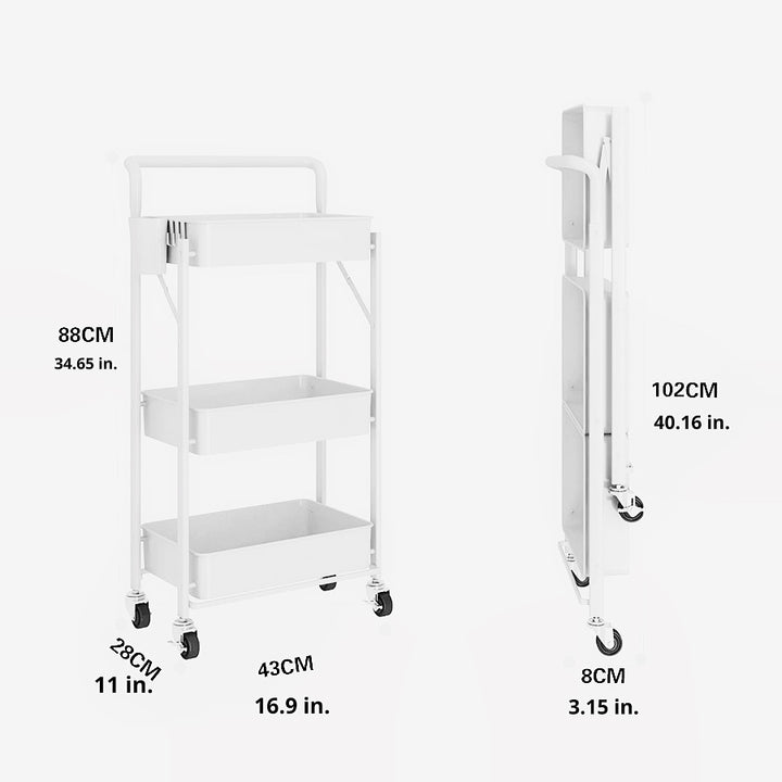 The All Things Laundry 3 Tier Folding Laundry Room Storage Cart With Handle And Roller Wheels is shown from two angles. It stands 88 cm tall, measures 43 cm by 28 cm, and folds to just 8 cm wide while extending up to 102 cm high. Its easy to move with wheels and handles on each tier for convenient storage.