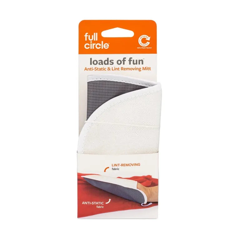 A package of the Full Circle Home Anti Static & Lint Removing Mitt displays the mitt with sections for pet hair and lint removal. The orange and white packaging reads loads of fun, perfect for maintaining clean, static-free surfaces.