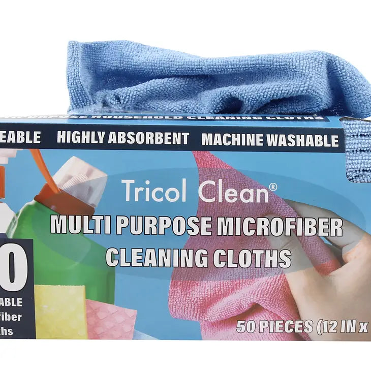 The image shows a package of Everplush 50 Pack Edgeless Microfiber Cleaning Rags in a dispenser box. The box emphasizes reusability, high absorbency, and machine washability, with a blue cloth draped on top and a hand holding a pink cloth on the front image.