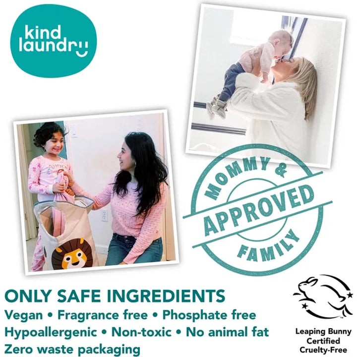 The image displays two photos: a woman with a baby and another with a toddler. Text reads Mommy & Family Approved and features the Vegan Laundry Stain Remover Bar by Kind Laundry, highlighting vegan, fragrance-free, and cruelty-free attributes.