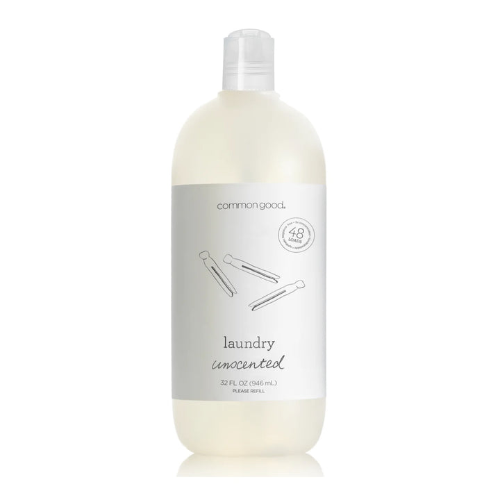 A 32 oz bottle of unscented plant-based laundry detergent by Common Good, designed for sensitive skin and suitable for 48 loads, features minimalistic clothespin graphics. It is displayed on a white background.