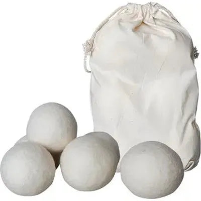 The 6 Large Wool Dryer Balls from All Things Laundry, measuring 7cm each, are displayed in front of a cotton drawstring bag on a plain white background. These reusable fabric softeners are known for reducing static cling.