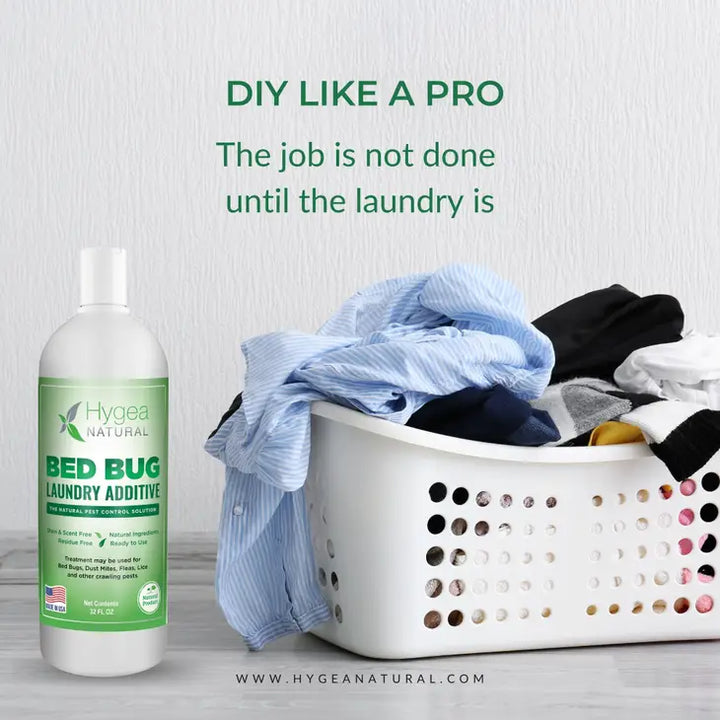 A laundry basket filled with clothes sits beside a bottle of Hygea Naturals Bed Bug & Mite Laundry Additive Treatment 32 oz, an eco-friendly solution. The text reads, DIY LIKE A PRO and The job isnt done until the laundry is. Visit www.hygeanatural.com for more details.