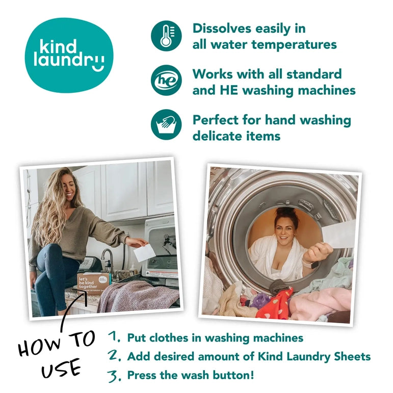 A woman smiles while using Kind Laundrys Zero Waste Laundry Detergent Sheets (Fragrance Free, 60 Loads) in a washing machine. They dissolve easily, work with all machines, and are perfect for delicate hand washing. Instructions: load machine, add sheets, press wash.