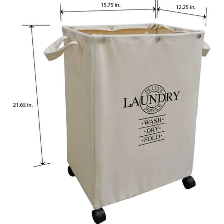 The Hamper on Wheels by DesignStyles Home is a rectangular, decorative laundry hamper with a beige fabric exterior labeled Deluxe Laundry Services - Wash, Dry, Fold and features side handles and four black wheels. Dimensions: 21.65H x 15.75W x 12.25D—crafted for durability and style.