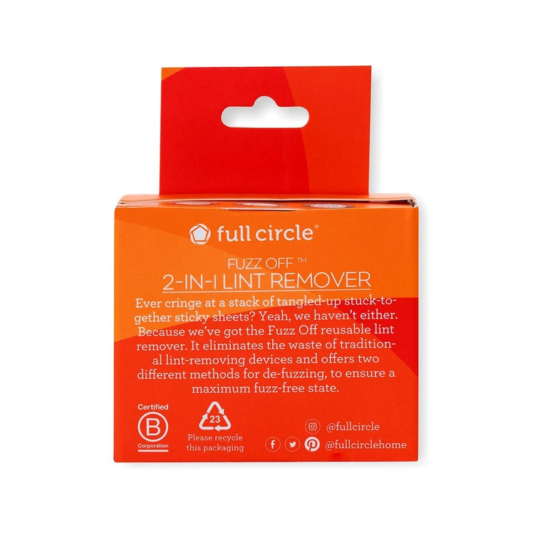 The orange packaging for Full Circle Homes Fuzz Off Reusable Lint Remover features eco-friendly micro-bristle fabric, ideal for pet hair removal and reducing lint roller waste. Social media handles and a recycling symbol are also prominently displayed.