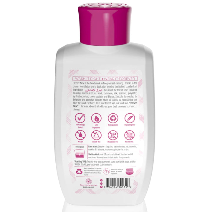 The 32 oz Delicate Liquid Detergent by Forever New International is fragrance-free with a pink cap and gentle formula, ideal for sensitive skin. Its biodegradable, phosphate-free, and perfect for caring for your whites.