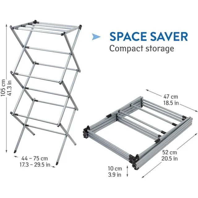 The All Things Laundry Drying Rack - Foldable 3 Tier Expandable is illustrated in both extended (105 cm height, 44-75 cm width) and compact (10 cm height, 52 cm width) positions with the caption SPACE SAVER Compact storage for your expandable drying rack.