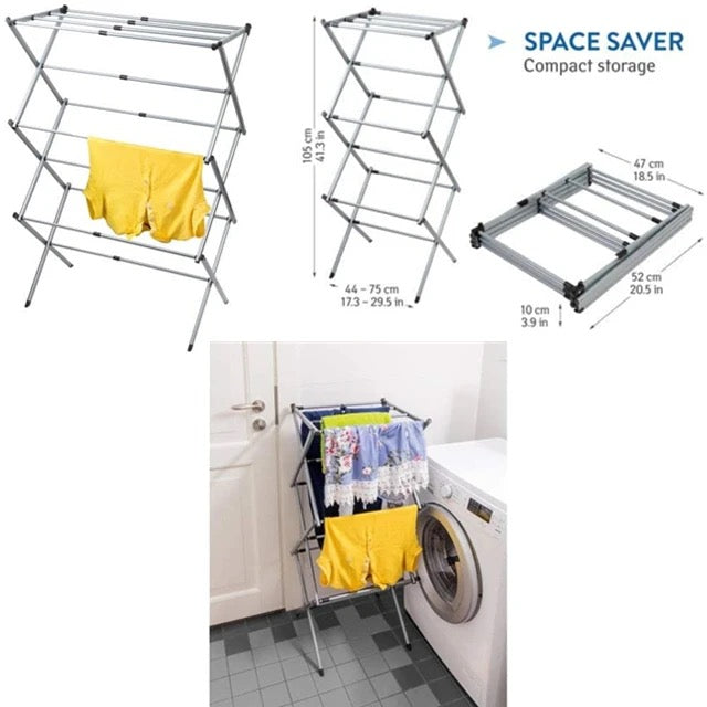 The Laundry Drying Rack by All Things Laundry is a foldable, 3-tier expandable rack perfect for compact storage. Image shows it near a washing machine with yellow shorts, illustrating its dimensions both expanded and folded.