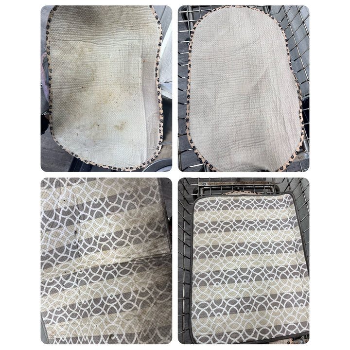 Four images of rug cleaning: The top two show a stained, discolored rug. The bottom two reveal the same rug refreshed, boasting a geometric pattern of interlocking circles in white and gray, thanks to Fox + Hounds Natural Pet Laundry Detergent- Basil Scented-16 oz.