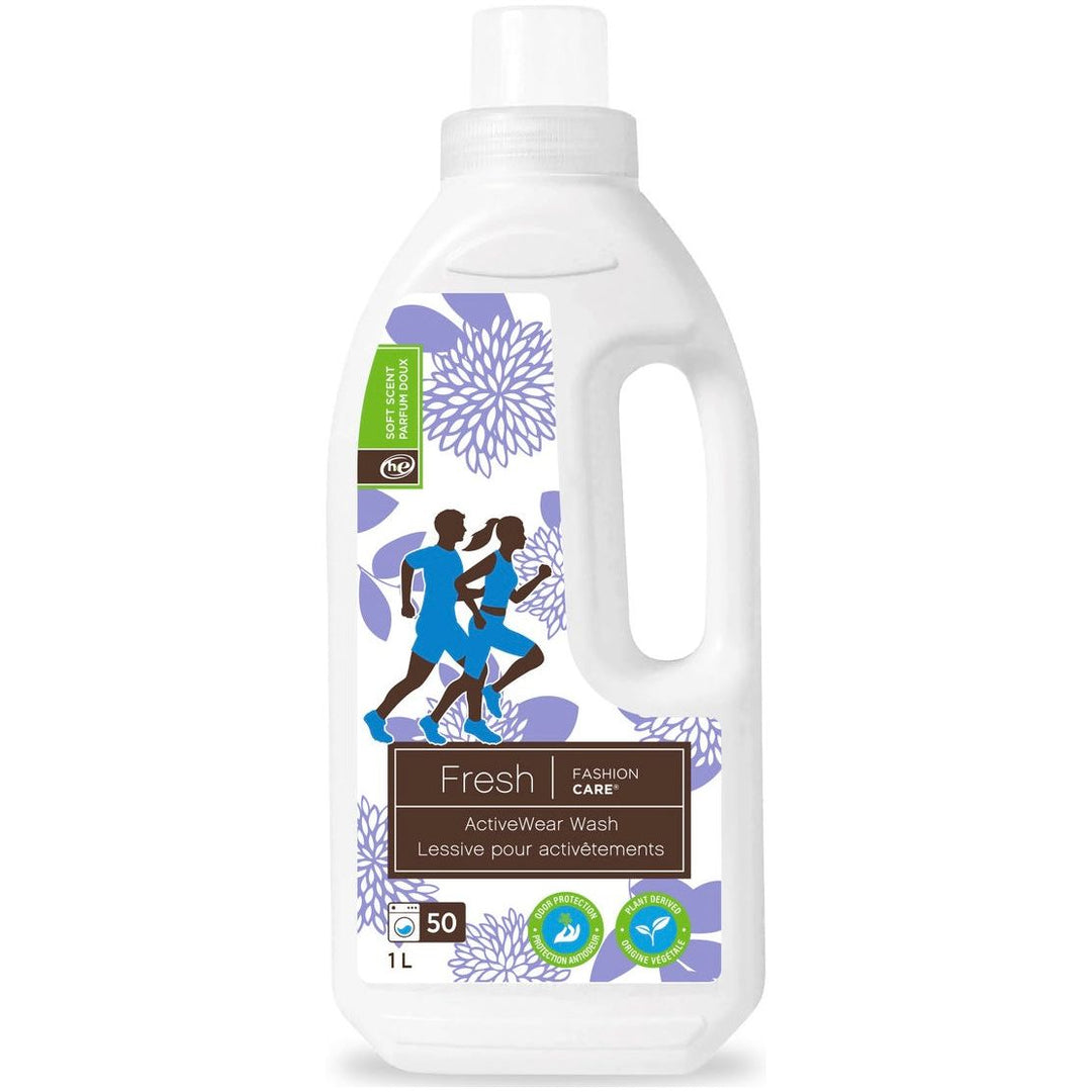 Fresh® Activewear Wash by Fashion Care offers a 1L white bottle, adorned with floral designs and running silhouettes. It provides odor protection for workout gear with eco-friendly ingredients, delivering 50 loads of optimal care.