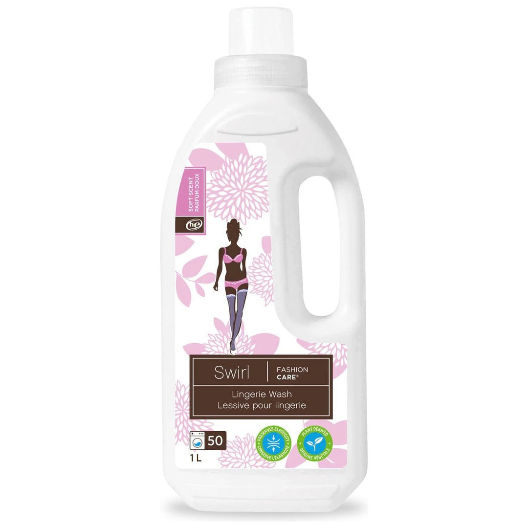 This image features a Swirl Lingerie Wash by Fashion Care, designed in white with pink floral accents. The Fashion Care label includes a lingerie silhouette. The eco-friendly 1L bottle provides gentle care for up to 50 washes.