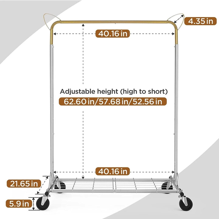 Image of the Above Edge Hanging Garment Rack with adjustable heights at 62.60, 57.68, and 52.56 inches; width at 40.16 inches; and base dimensions of 21.65 inches wide by 5.9 inches high, equipped with wheels for easy mobility and a lower grid shelf for added storage space.