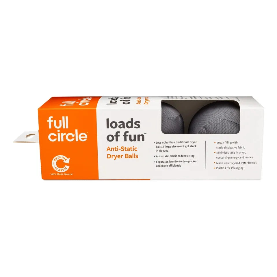 Full Circle Homes Anti-Static Dryer Balls, measuring 8.5 cm, offer an eco-friendly alternative to traditional options with vegan filling, PVC-free materials, and recycled packaging. The box features two partially visible gray dryer balls.