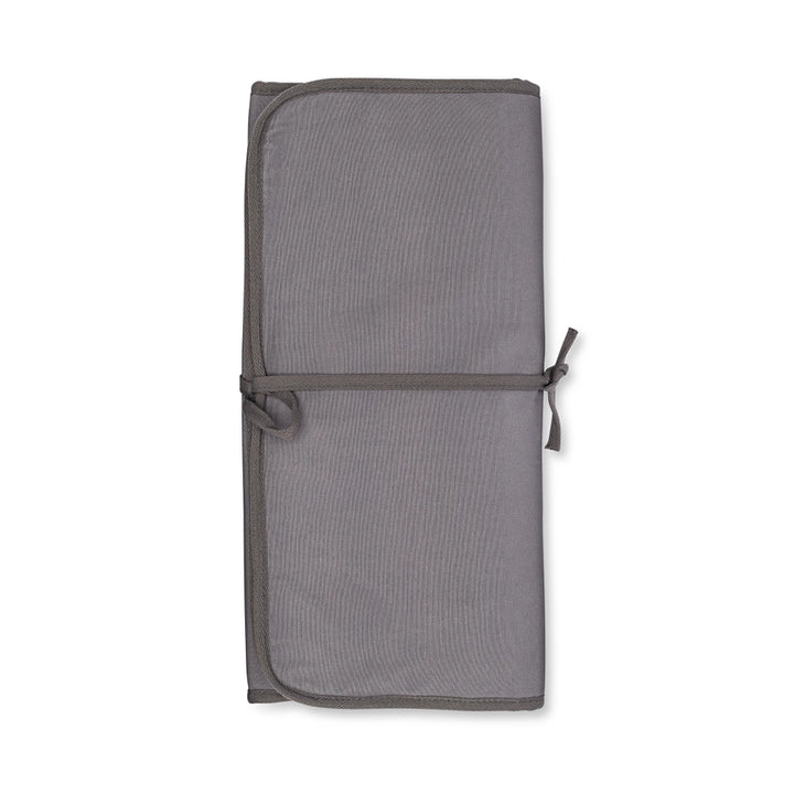 The Iron & Steam Blanket by Full Circle Home, featuring a neatly folded steam ironing mat with a gray fabric roll and black trim, includes a tied strap for easy transport. It rests elegantly on a white background.