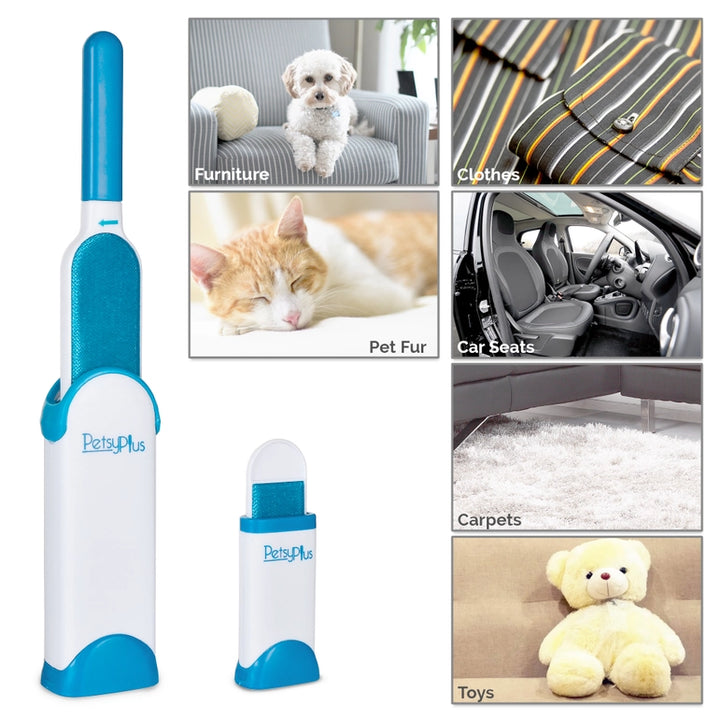 The Pet Brush / Lint and Fur Remover by LuxeDesigns Co LLC, with its eco-friendly self-cleaning base, is shown alongside images of a dog on furniture, a cat sleeping, a car interior, striped clothing, a carpet, and a teddy bear—showcasing its versatile pet hair removal abilities.