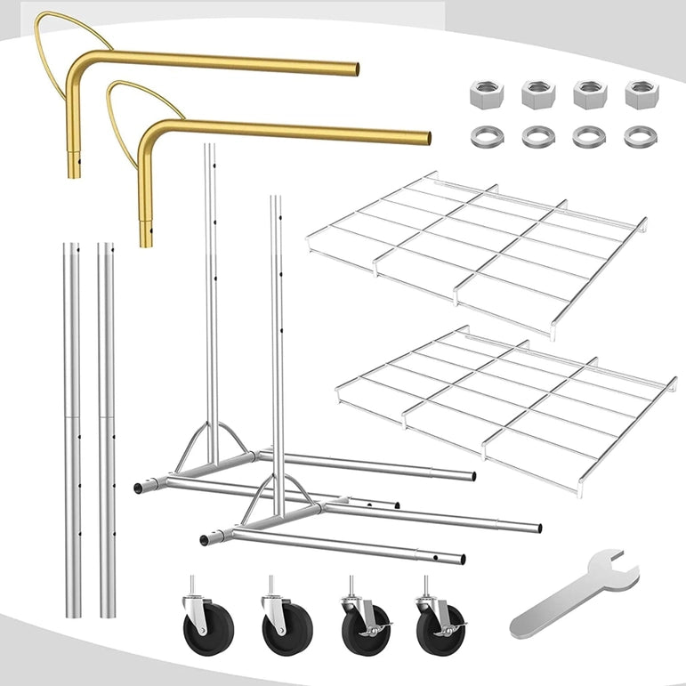 Disassembled parts of the Above Edge Hanging Garment Rack with Shelf, featuring gold and silver metallic rods, caster wheels, silver grid panels, connecting hardware, and a wrench set against a white background.