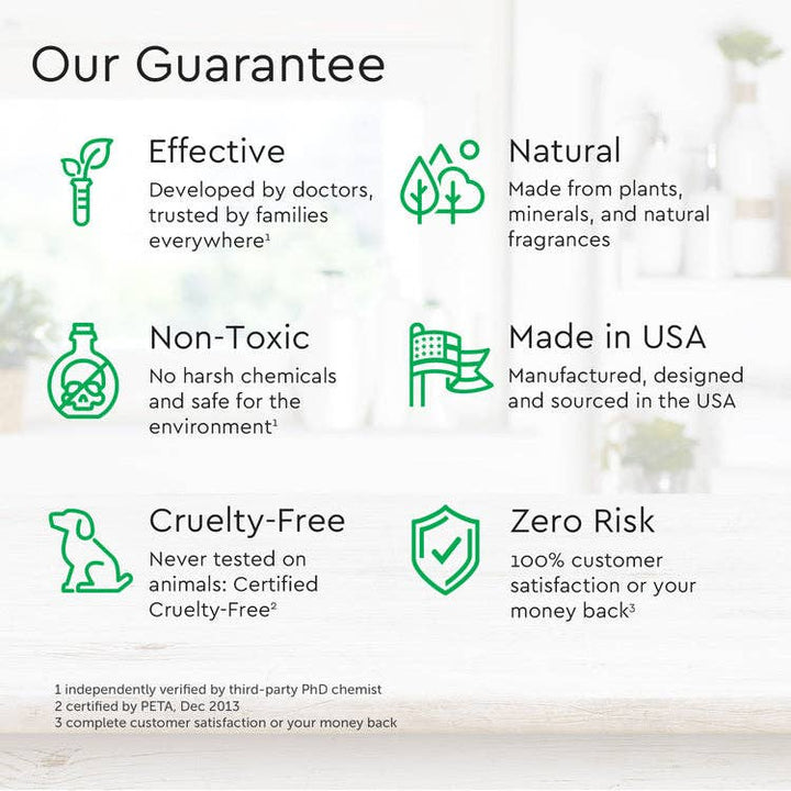 Explore our guarantee details on a crisp white backdrop with icons: Effective, Natural, Non-Toxic, Made in USA, Cruelty-Free, Zero Risk. This Puracy product is perfect for sensitive skin. Our 10x concentrated formula emphasizes testing and certifications for peace of mind.