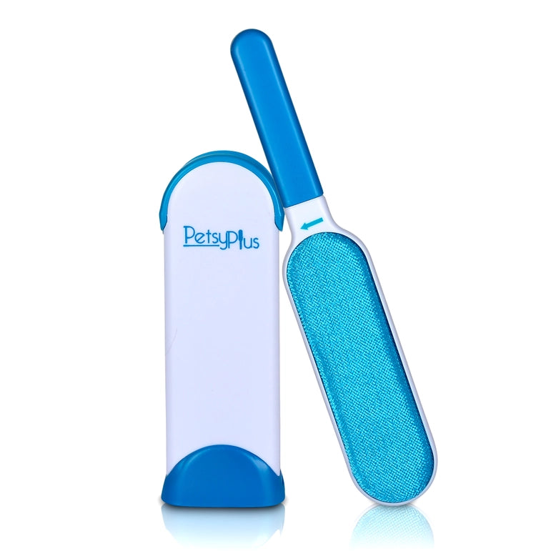 A blue and white lint remover branded by LuxeDesigns Co LLC, named Pet Brush / Lint and Fur Remover, featuring a double-sided brush with an eco-friendly self-cleaning base. It has a blue textured surface for efficient removal of pet hair and lint from fabrics.