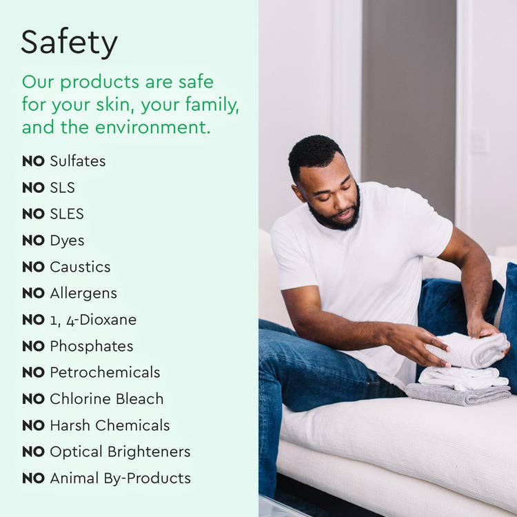 A man on a couch folds laundry using Puracys Natural 10x Laundry Detergent, ideal for sensitive skin. Text highlights safety features: its 1,4 dioxane-free, sulfate-free, dye-free, allergen-free, and harsh chemical-free.