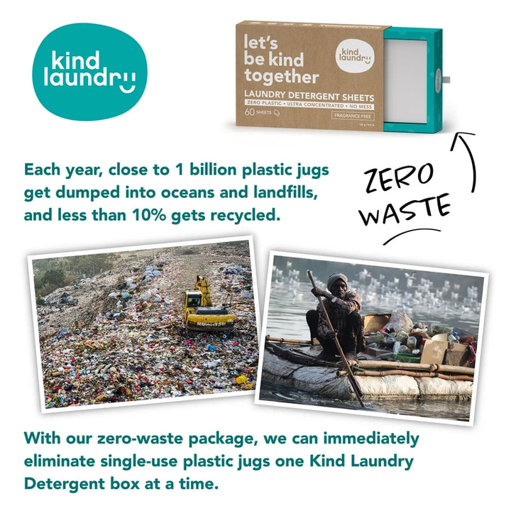 The image features the Zero Waste Laundry Detergent Sheets - Fragrance Free by Kind Laundry, spotlighting zero waste. With photos of a plastic-filled landfill and people boating through polluted waters, it highlights environmental impact and recycling challenges, reflecting eco-friendly values.