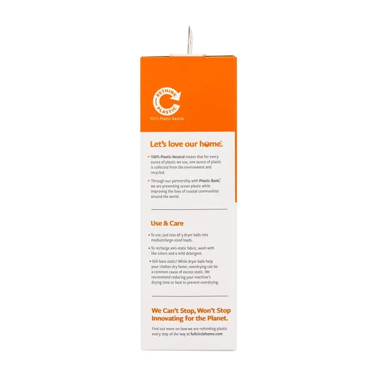 Side view of the orange and white Anti-Static Dryer Balls by Full Circle Home box, highlighting plastic-neutral claims, sustainability efforts, and usage instructions. Featuring an eco-friendly logo and a recycling symbol, the design emphasizes innovation in environmental care.