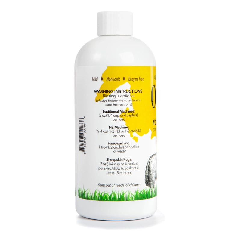 The 16 oz Wool Wash and Conditioner by Outback Gold from Desert Breeze Distributing is biodegradable, non-ionic, enzyme-free, and gentle for sensitive skin. It includes washing guidelines for machines, handwashing, and sheepskin rugs on the label—an eco-friendly laundry detergent choice.