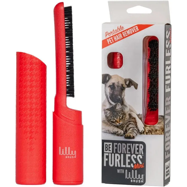 The Lilly Brush - Be Forever Furless Mini is a red portable pet hair remover with a brush and matching cap, designed to keep your winter clothes refreshed and free of fur. Packaged with dog and cat imagery, its ideal for maintaining tidiness on-the-go.