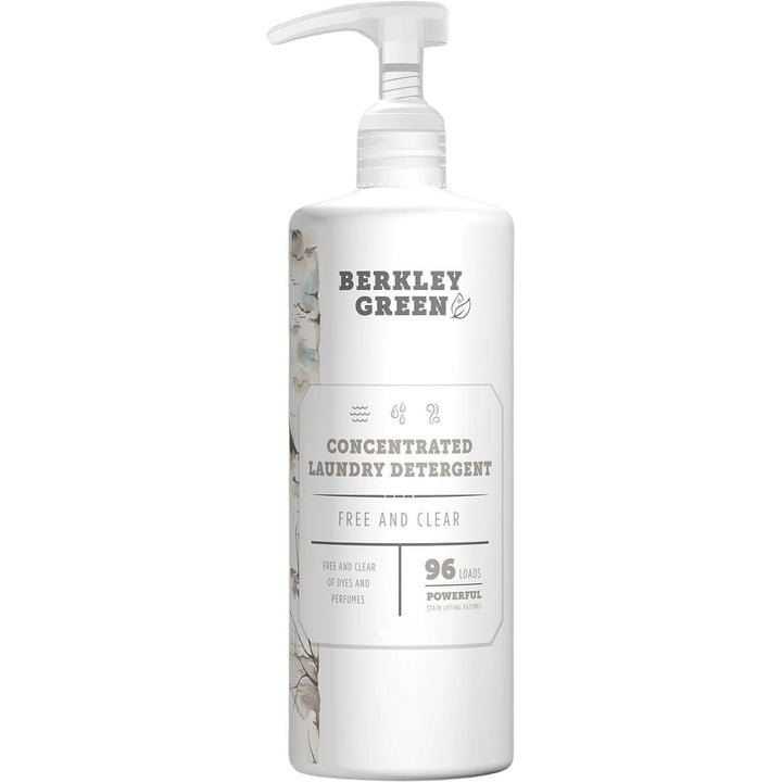 The Berkley Green 10x Laundry Detergent-Free and Clear comes in a 25 oz white bottle with a pump dispenser and floral accents, designed for 96 loads. Its plant-based and an effective enzyme stain remover with a minimalistic style.