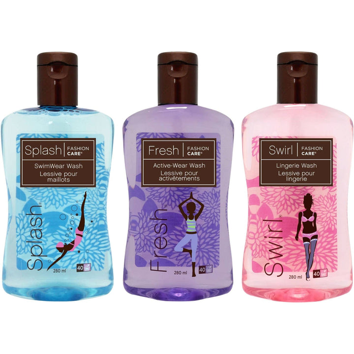 The Fashion Care Splash + Fresh + Swirl Starter Kit includes three 280ml bottles: Swimwear Wash, Activewear Wash, and Lingerie Wash. Each bottle has a unique color and graphics to indicate its specific use.