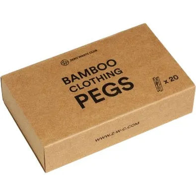 A brown cardboard box labeled BAMBOO Clothespins/Pegs - Pack of 20 by Zero Waste Club, made from sustainable bamboo, highlights its plastic-free, eco-friendly packaging.