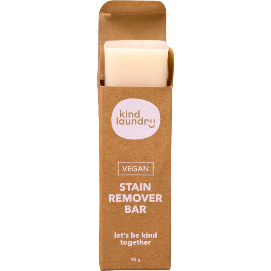 Kind Laundrys Vegan Laundry Stain Remover Bar comes in a 90g brown cardboard box with lets be kind together on the packaging. Its perfect for eco-conscious individuals who care about their skin!.