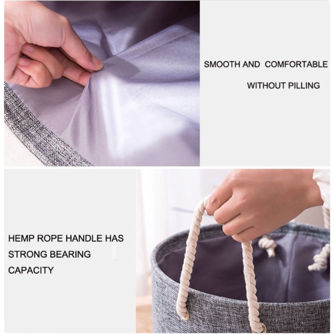 Two images display the Cotton and Linen Collapsible Clothes Laundry Hamper with Handles by All Things Laundry. The top image highlights its smooth, pill-free interior; the bottom showcases a hand gripping the sturdy hemp rope handle, emphasizing its strong bearing capacity.