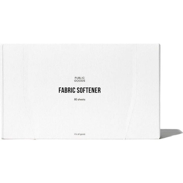 Public Goods offers a minimalist white box of fragrance-free, hypoallergenic fabric softener sheets labeled Fabric Softener Sheets-Fragrance Free and its all good, with 80 biodegradable sheets inside. The packaging features simple black text on a plain background.