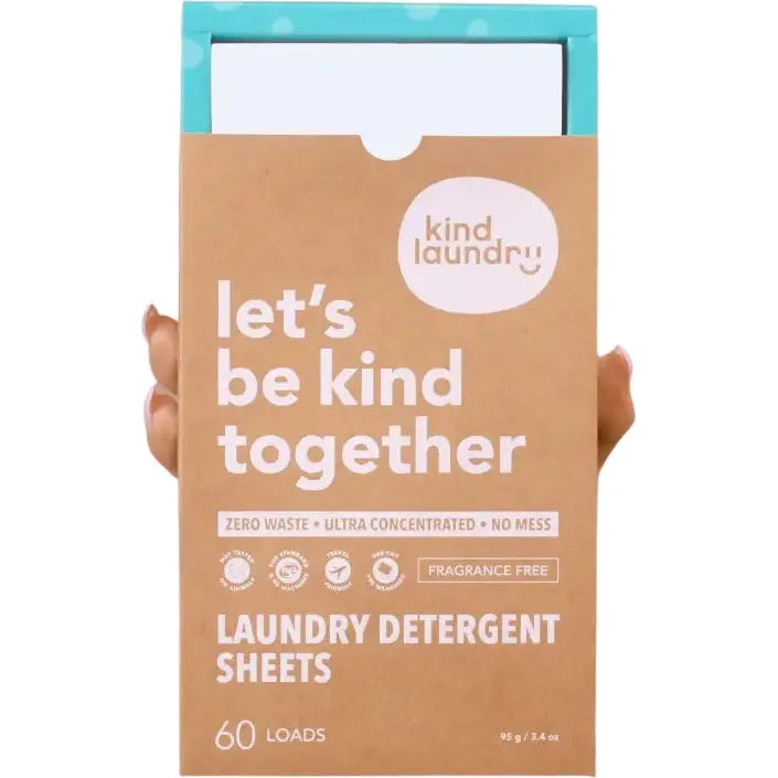 A box of Zero Waste Laundry Detergent Sheets by Kind Laundry, featuring lets be kind together, is an eco-friendly, ultra-concentrated detergent suitable for 60 loads and fragrance-free.