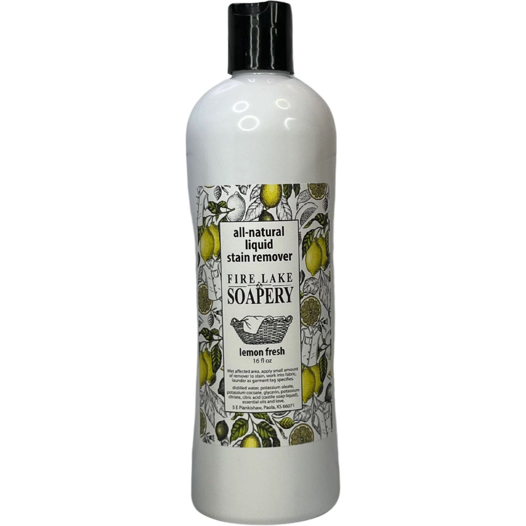 Fire Lake Soaperys 16 oz All-Natural Liquid Stain Remover in Lemon Fresh features a vibrant lemon and leaf design, made with pure ingredients. This castile soap has a white bottle topped with a sleek black cap for an elegant finish.