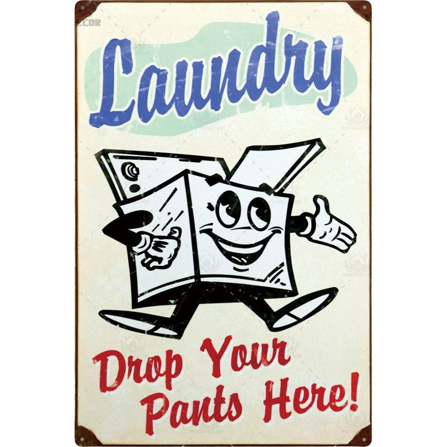 The All Things Laundry vintage-style tin sign features a cartoon washing machine with a thumbs-up, reading Laundry in blue and Drop Your Pants Here! in red. Measuring 20 cm x 30 cm, its a quirky addition to any laundry room.