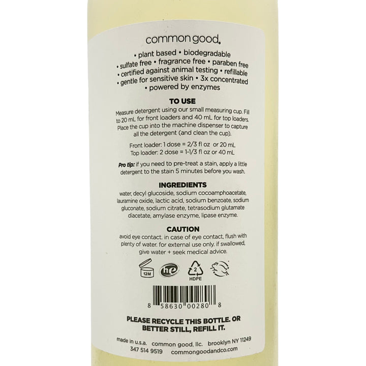 The image shows a 32 oz bottle of Common Goods Laundry Detergent, known for being plant-based and biodegradable. Its ideal for sensitive skin and free from sulfates, fragrances, and parabens. The label includes usage instructions, ingredients, and contact information.