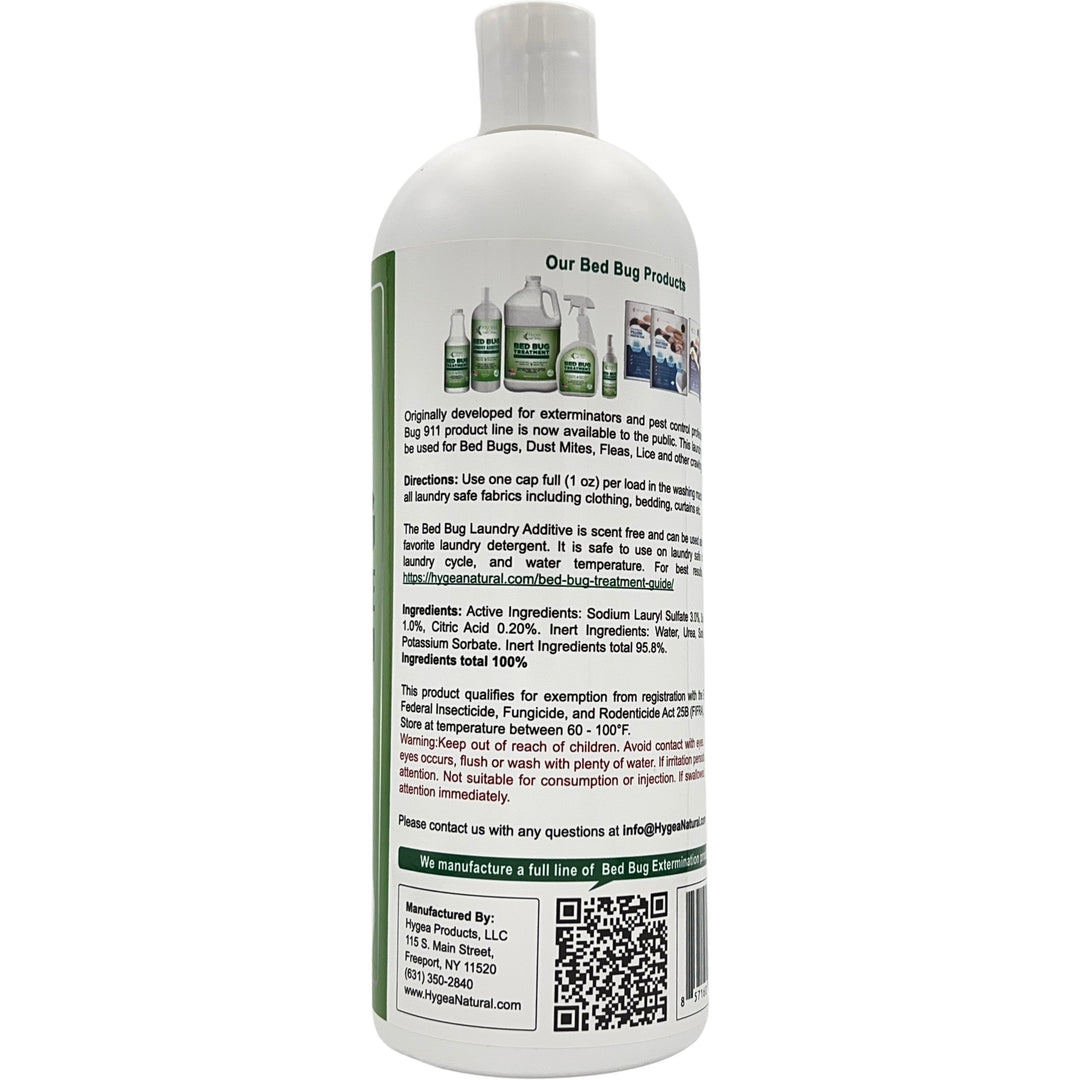 The back of the Bed Bug & Mite Laundry Additive Treatment 32 oz by Hygea Natural bottle features bed bug treatment details, non-toxic laundry additives, and contact info. Images of related products and a QR code showcase an eco-friendly laundry solution from Hygea Natural.