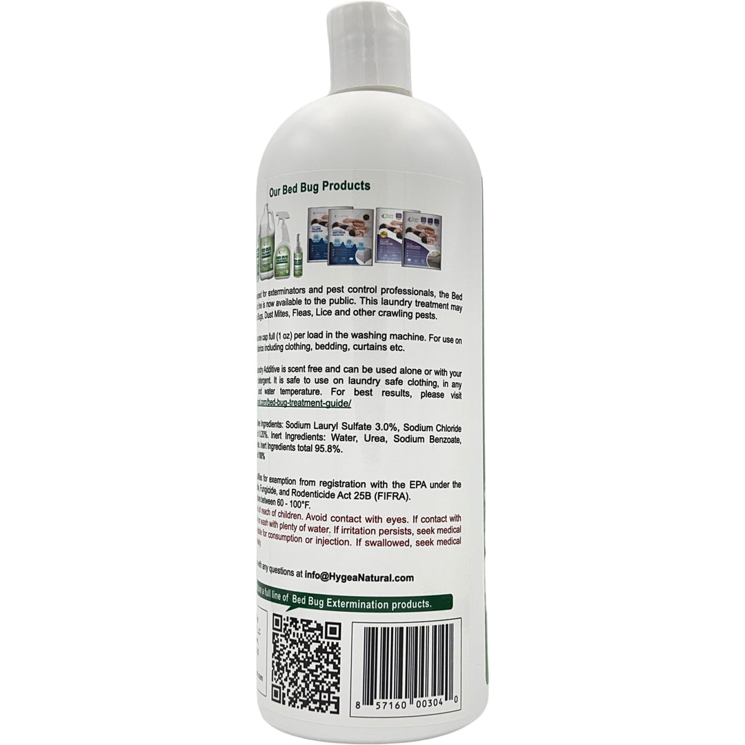 A 32 oz white bottle of Hygea Naturals Bed Bug & Mite Laundry Additive features green and red text. The eco-friendly product includes instructions, ingredient details, images, a flip-top cap, and a barcode on the label.