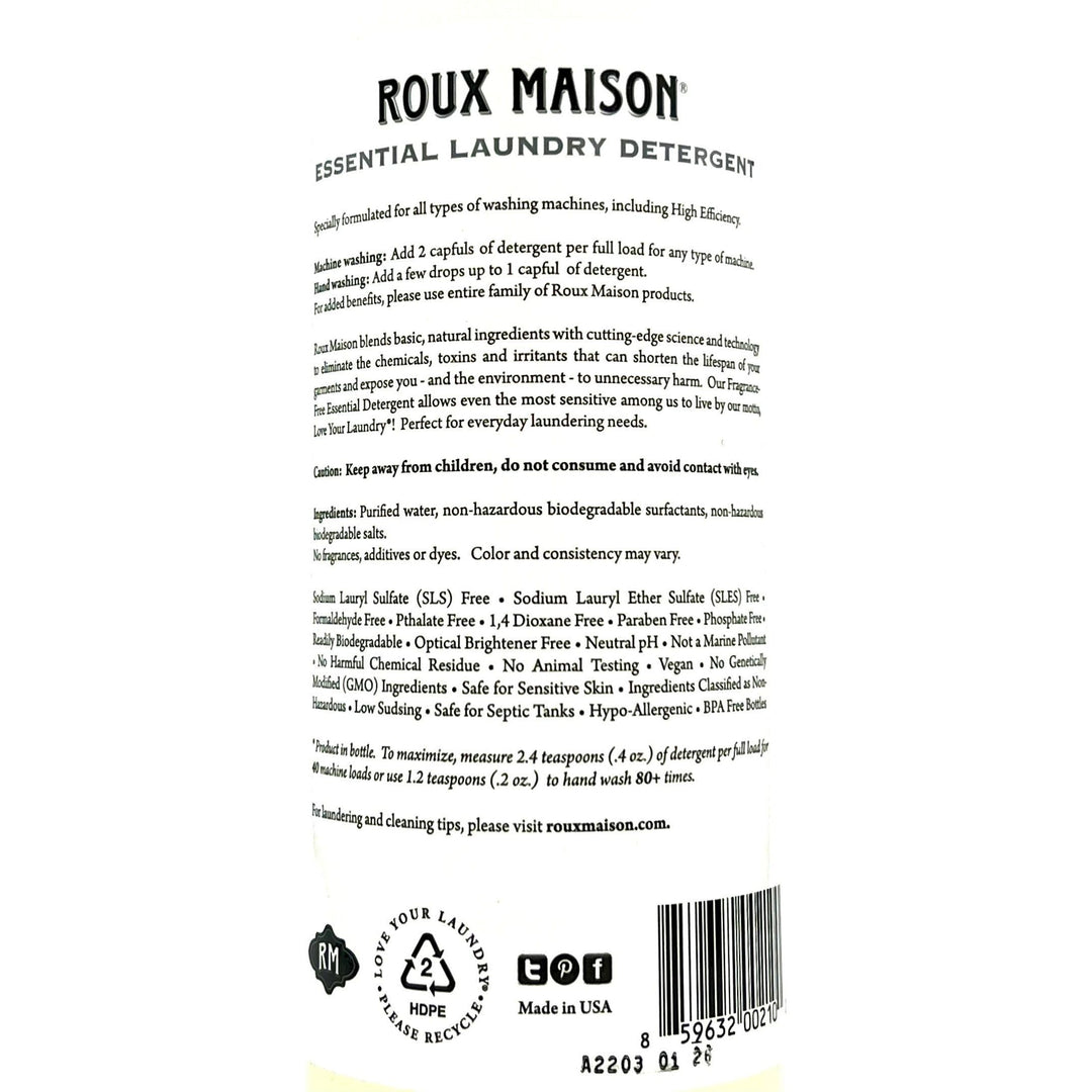 The label of Roux Maison’s Essential Laundry Detergent (Fragrance-Free, 16 oz) displays usage instructions and safety warnings in black text on a white background, highlighting its eco-friendly, biodegradable, non-toxic nature and absence of 1,4 Dioxane.